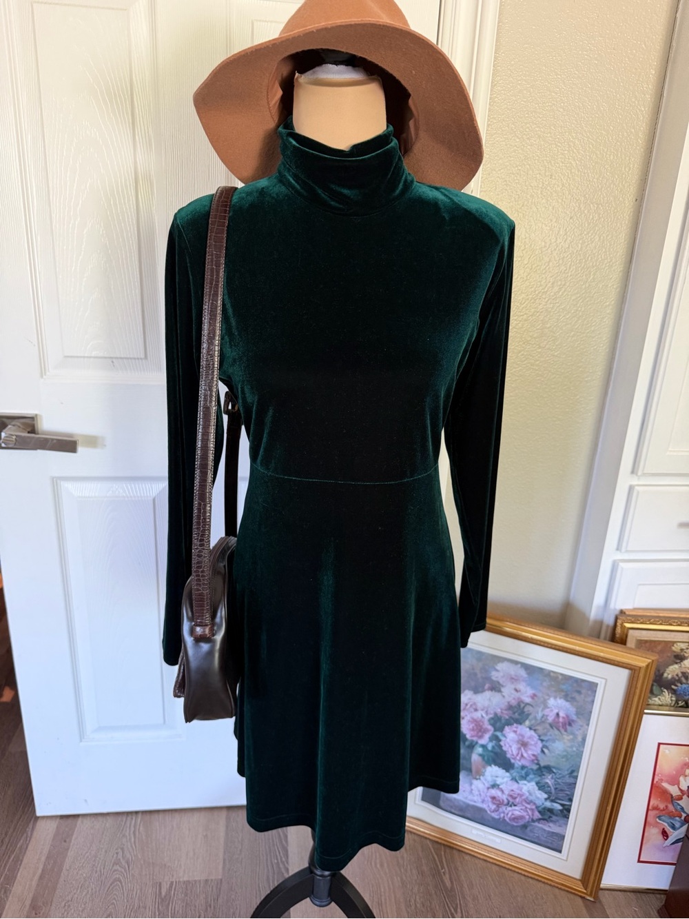 Vintage dark green Velvet Turtleneck Dress